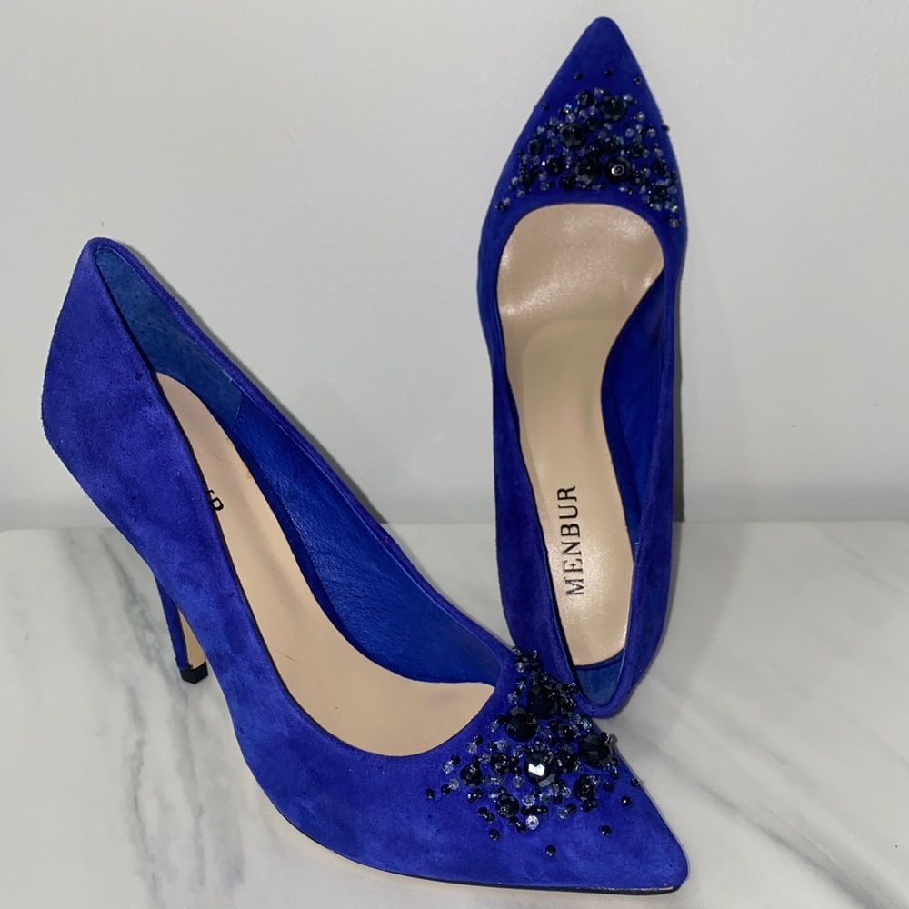 Menbur Midnight Blue Suede Beaded Heels, sz 36 New